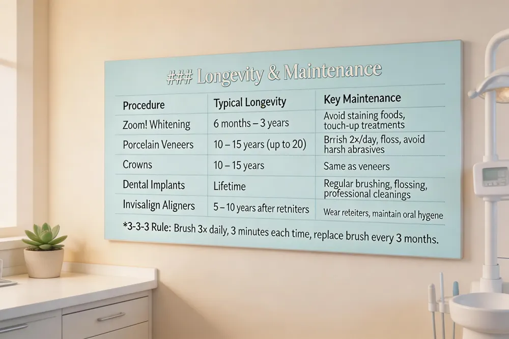 ### Longevity & Maintenance
| Procedure | Typical Longevity | Key Maintenance |
|---|---|---|
| Zoom! Whitening | 6 months – 3 years | Avoid staining foods, touch‑up treatments |
| Porcelain Veneers | 10 – 15 years (up to 20) | Brush 2×/day, floss, avoid harsh abrasives |
| Crowns | 10 – 15 years | Same as veneers |
| Dental Implants | Lifetime | Regular brushing, flossing, professional cleanings |
| Invisalign Aligners | 5 – 10 years after retainers | Wear retainers, maintain oral hygiene |
3‑3‑3 Rule: Brush 3× daily, 3 minutes each time, replace brush every 3 months.