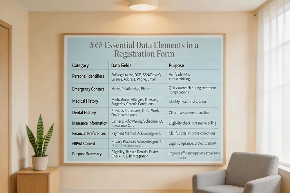 ### Essential Data Elements in a Registration Form
| Category | Data Fields | Purpose |
|---|---|---|
| Personal Identifiers | Full legal name, Date of birth, Social Security # or driver’s license, Mailing address, Phone, Email | Verify identity, ensure accurate contact for communication and billing |
| Emergency Contact | Name, Relationship, Phone number | Quick outreach in case of complications during treatment |
| Medical History | Current medications, Allergies, Past illnesses, Surgeries, Chronic conditions | Identify health risks, avoid contraindications, tailor treatment plan |
| Dental History | Previous procedures, Orthodontic work, Current oral health issues | Provide baseline for clinical assessment and future care |
| Insurance Information | Primary & secondary carrier, Policy #, Group #, Subscriber ID, Scanned insurance card | Enable real‑time eligibility check, reduce claim denials, streamline billing |
| Financial Preferences | Payment method, Financial responsibility acknowledgment, Copay amount | Clarify cost expectations, improve collections |
| HIPAA Consent | Acknowledgment of Privacy Practices, Electronic signature | Legal compliance, protect patient data |
| Purpose Summary | Eligibility verification, claim denial reduction, faster check‑in, EHR integration | Enhance operational efficiency and patient experience |
| 