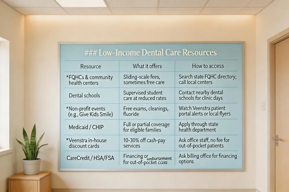 ### Low‑Income Dental Care Resources
| Resource | What it offers | How to access |
|---|---|---|
| FQHCs & community health centers | Sliding‑scale fees, sometimes free care | Search state FQHC directory; call local centers |
| Dental schools | Supervised student care at reduced rates | Contact nearby dental schools for clinic days |
| Non‑profit events (e.g., Give Kids Smile) | Free exams, cleanings, fluoride | Watch Veenstra patient portal alerts or local flyers |
| Medicaid / CHIP | Full or partial coverage for eligible families | Apply through state health department |
| Veenstra in‑house discount cards | 10‑30 % off cash‑pay services | Ask office staff; no fee for out‑of‑pocket patients |
| CareCredit / HSA/FSA | Financing or reimbursement for out‑of‑pocket costs | Ask billing office for financing options |
| 