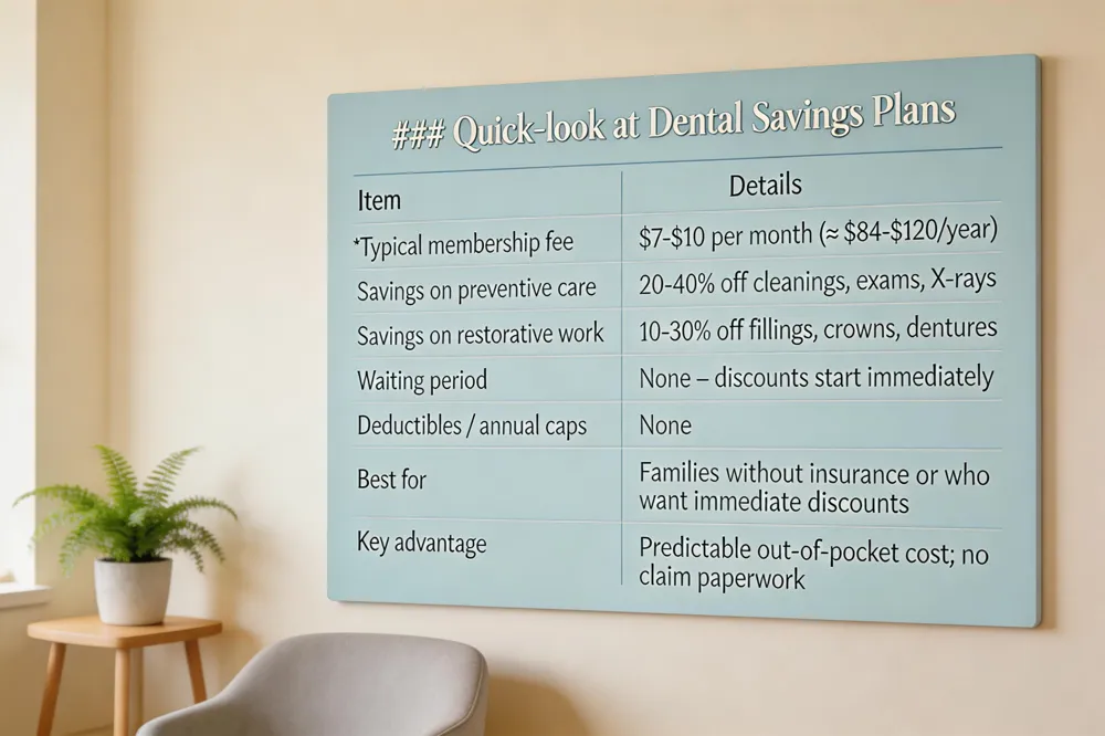 ### Quick‑look at Dental Savings Plans
| Item | Details |
|---|---|
| Typical membership fee | $7‑$10 per month (≈ $84‑$120 per year) |
| Savings on preventive care | 20‑40 % off cleanings, exams, X‑rays |
| Savings on restorative work | 10‑30 % off fillings, crowns, dentures |
| Waiting period | None – discounts start immediately |
| Deductibles / annual caps | None |
| Best for | Families without insurance or who want immediate discounts |
| Key advantage | Predictable out‑of‑pocket cost; no claim paperwork |
| 