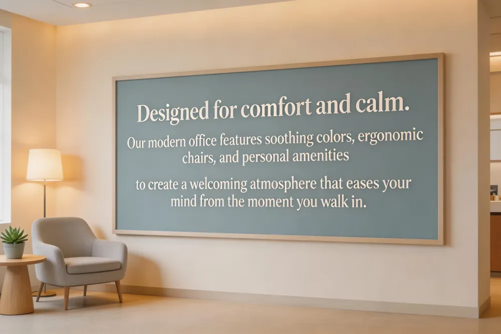 Designed for comfort and calm. Our modern office features soothing colors, ergonomic chairs, and personal amenities to create a welcoming atmosphere that eases your mind from the moment you walk in.