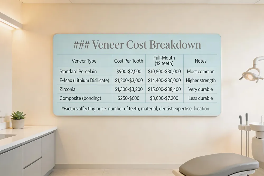 ### Service Overview
| Service | Description | Typical Cost Range | Financing Options |
|---|---|---|---|
| Porcelain Veneers | Reshape, recolor, close gaps | $1,300‑$4,500 per tooth | CareCredit, low‑interest plans, membership discounts |
| Zoom! Whitening | In‑office, up to 8‑shade lift | $150‑$300 per session | Same as above |
| Dental Bonding | Fix chips, gaps, minor discoloration | $100‑$500 per tooth | Same as above |
| Smile Makeover (combined) | Custom plan with veneers, Invisalign, gum contouring | $5,000‑$20,000 overall | CareCredit, payment plans |
| Dental Exam & Digital Smile Design | Assessment & visual planning | Included in makeover package | — |
| Veenstra Family Dental in Midland Park, NJ offers a full suite of cosmetic dentistry options, including porcelain veneers, professional Zoom! whitening, dental bonding, and personalized smile‑makeover plans that blend multiple procedures for a harmonious result. Each makeover begins with a thorough oral exam and a digital smile design, ensuring the treatment matches your facial features and functional needs. To make these enhancements affordable, the practice provides CareCredit financing, low‑interest payment plans, and a membership program that reduces the cost of routine care. |
What cosmetic dental services does Veenstra Family Dental offer?
They provide porcelain veneers to reshape, recolor, and close gaps; in‑office Zoom! whitening for up to eight‑shade brightening; custom bonding for chips or gaps; and comprehensive smile‑makeovers that may also include Invisalign clear aligners or gum contouring.
What is the cost of whitening two front teeth with veneers?
Porcelain veneers typically range from $1,300 to $4,500 per tooth, so two front‑tooth veneers cost roughly $2,600 to $9,000, with most patients falling in the $2,500‑$5,000 range after preparation and bonding.
Where can I get professional teeth whitening in Midland Park, NJ?
Schedule an appointment at Veenstra Family Dental (114 Frankford Road) for in‑office Zoom! whitening, a 60‑90‑minute treatment that can lift teeth up to six shades in a single visit.
Understanding Porcelain Veneer Costs in New Jersey
![### Veneer Cost Breakdown
| Veneer Type | Cost Per Tooth | Full‑Mouth Approx. Cost (12 teeth) | Notes |
|---|---|---|---|
| Standard Porcelain | $900‑$2,500 | $10,800‑$30,000 | Most common |
| E‑Max (Lithium Disilicate) | $1,200‑$3,000 | $14,400‑$36,000 | Higher strength |
| Zirconia | $1,300‑$3,200 | $15,600‑$38,400 | Very durable |
| Composite (bonding) | $250‑$600 | $3,000‑$7,200 | Less durable |
Factors affecting price: number of teeth, material, dentist expertise, location.
