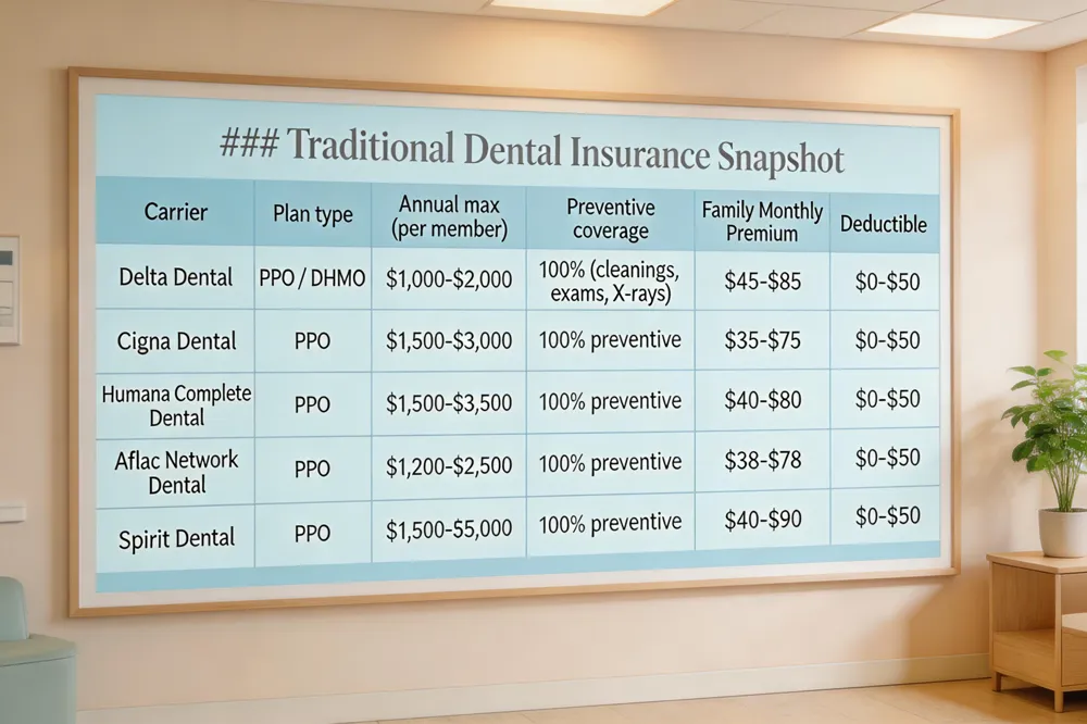 ### Traditional Dental Insurance Snapshot
| Carrier | Plan type | Annual max (per member) | Preventive coverage | Typical monthly premium (family) | Deductible |
|---|---|---|---|---|---|
| Delta Dental | PPO / DHMO | $1,000‑$2,000 | 100 % (cleanings, exams, X‑rays) | $45‑$85 | $0‑$50 |
| Cigna Dental | PPO | $1,500‑$3,000 | 100 % preventive | $35‑$75 | $0‑$50 |
| Humana Complete Dental | PPO | $1,500‑$3,500 | 100 % preventive | $40‑$80 | $0‑$50 |
| Aflac Network Dental | PPO | $1,200‑$2,500 | 100 % preventive | $38‑$78 | $0‑$50 |
| Spirit Dental | PPO | $1,500‑$5,000 | 100 % preventive | $40‑$90 | $0‑$50 |
| 