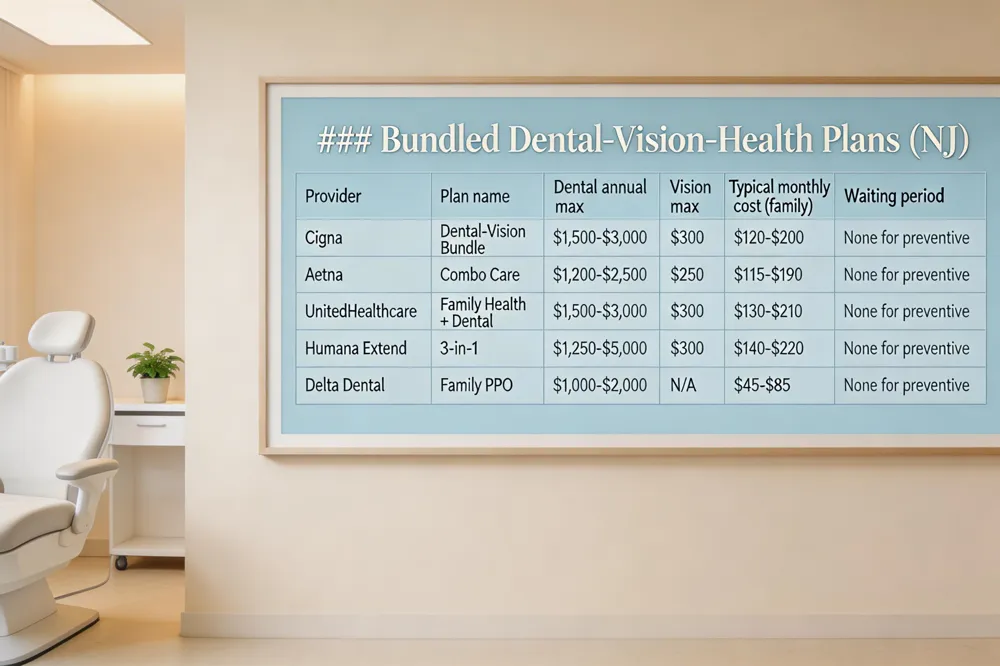 ### Bundled Dental‑Vision‑Health Plans (NJ)
| Provider | Plan name | Dental annual max | Vision annual max | Typical monthly cost (family) | Waiting period |
|---|---|---|---|---|---|
| Cigna | Dental‑Vision Bundle | $1,500‑$3,000 | $300 | $120‑$200 | None for preventive |
| Aetna | Combo Care | $1,200‑$2,500 | $250 | $115‑$190 | None for preventive |
| UnitedHealthcare | Family Health + Dental | $1,500‑$3,000 | $300 | $130‑$210 | None for preventive |
| Humana Extend | 3‑in‑1 (1250/2500/5000) | $1,250‑$5,000 | $300 | $140‑$220 | None for preventive |
| Delta Dental (stand‑alone) | Family PPO | $1,000‑$2,000 | N/A | $45‑$85 | None for preventive |
| 