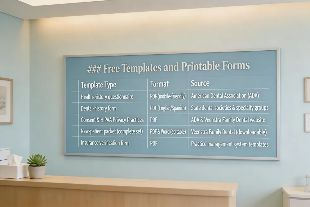 ### Free Templates and Printable Forms
| Template Type | Format | Source |
|---|---|---|
| Health‑history questionnaire | PDF (mobile‑friendly) | American Dental Association (ADA) |
| Dental‑history form | PDF (English/Spanish) | State dental societies & specialty groups |
| Consent & HIPAA Privacy Practices | ADA & Veenstra Family Dental website | |
| New‑patient packet (complete set) | PDF & Word (editable) | Veenstra Family Dental (downloadable) |
| Insurance verification form | Practice management system templates | |
| 