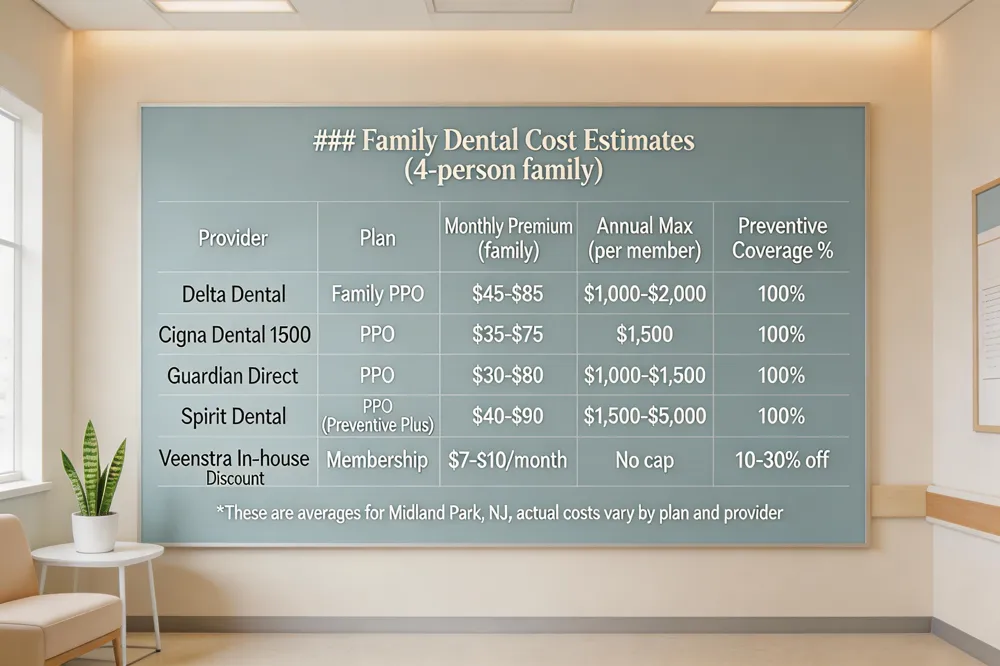 ### Family Dental Cost Estimates (4‑person family)
| Provider | Plan | Monthly premium (family) | Annual max (per member) | Typical coverage % (preventive) |
|---|---|---|---|---|
| Delta Dental | Family PPO | $45‑$85 | $1,000‑$2,000 | 100 % |
| Cigna Dental 1500 | PPO | $35‑$75 | $1,500 | 100 % |
| Guardian Direct | PPO | $30‑$80 | $1,000‑$1,500 | 100 % |
| Spirit Dental | PPO (Preventive Plus) | $40‑$90 | $1,500‑$5,000 | 100 % |
| Veenstra In‑house Discount | Membership | $7‑$10 per month | No cap | 10‑30 % off all services |
*These figures are averages for families in Midland Park, NJ; actual costs vary by plan and provider. 