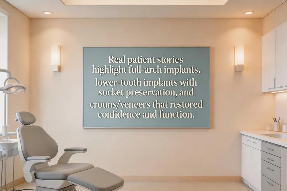 Real patient stories highlight full‑arch implants, lower‑tooth implants with socket preservation, and crowns/veneers that restored confidence and function.