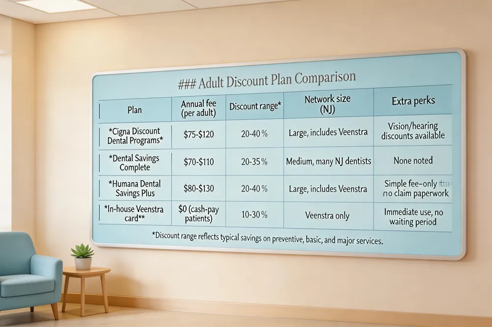 ### Adult Discount Plan Comparison
| Plan | Annual fee (per adult) | Discount range* | Network size (NJ) | Extra perks |
|---|---|---|---|---|
| Cigna Discount Dental Programs | $75‑$120 | 20‑40 % | Large, includes Veenstra | Vision/hearing discounts available |
| Dental Savings Complete | $70‑$110 | 20‑35 % | Medium, many NJ dentists | None noted |
| Humana Dental Savings Plus | $80‑$130 | 20‑40 % | Large, includes Veenstra | Simple fee‑only structure, no claim paperwork |
| In‑house Veenstra card* | $0 (for cash‑pay patients) | 10‑30 % | Veenstra only | Immediate use, no waiting period |
*Discount range reflects typical savings on preventive, basic, and major services. 