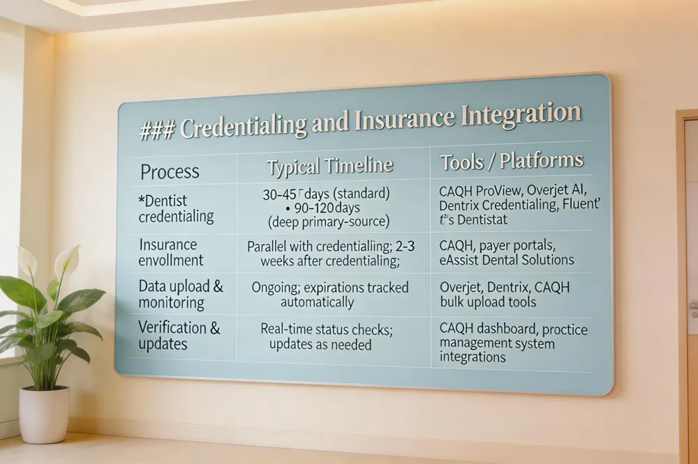 ### Credentialing and Insurance Integration
| Process | Typical Timeline | Tools / Platforms |
|---|---|---|
| Dentist credentialing | 30‑45 days (standard) • 90‑120 days (deep primary‑source) | CAQH ProView, Overjet AI, Dentrix Credentialing, Fluent’s Dentistat |
| Insurance enrollment | Parallel with credentialing; often completed within 2‑3 weeks after credentialing | CAQH, payer portals, eAssist Dental Solutions |
| Data upload & monitoring | Ongoing; expirations tracked automatically | Overjet, Dentrix, CAQH bulk upload tools |
| Verification & updates | Real‑time status checks; updates as needed | CAQH dashboard, practice management system integrations |
| 