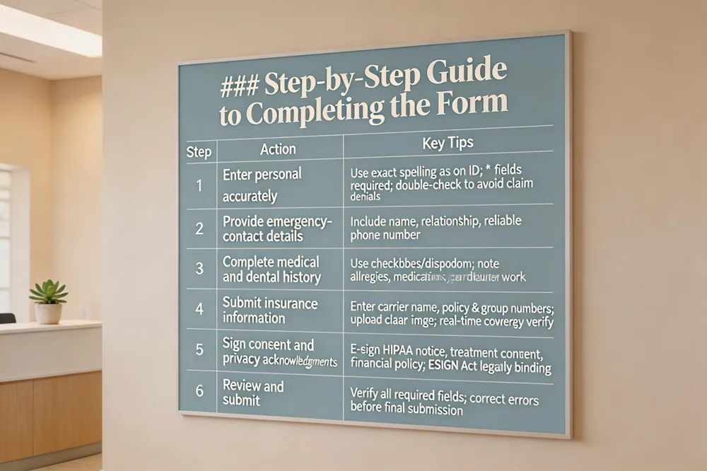 ### Step‑by‑Step Guide to Completing the Form
| Step | Action | Key Tips |
|---|---|---|
| 1 | Enter personal information accurately | Use exact spelling as on ID; fields marked * are required; double‑check to avoid claim denials |
| 2 | Provide emergency‑contact details | Include name, relationship, and a reliable phone number |
| 3 | Complete medical and dental history | Use checkboxes/dropdowns; note any allergies, medications, past surgeries, and prior dental work |
| 4 | Submit insurance information | Enter carrier name, policy & group numbers; upload a clear image of the card; system may verify coverage in real time |
| 5 | Sign consent and privacy acknowledgments | Electronically sign HIPAA notice, treatment consent, and financial policy; e‑signature is legally binding under ESIGN Act |
| 6 | Review and submit | Verify all required fields are filled; correct any errors before final submission |
| 