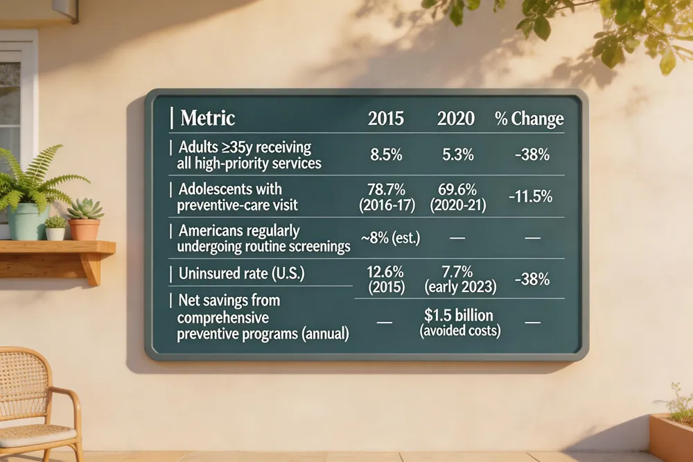 | Metric | 2015 | 2020 | % Change | |--------|------|------|----------| | Adults ≥35 y receiving all high‑priority services | 8.5 % | 5.3 % | -38 % | | Adolescents with preventive‑care visit | 78.7 % (2016‑17) | 69.6 % (2020‑21) | -11.5 % | | Americans regularly undergoing routine screenings | ~8 % (est.) | — | — | | Uninsured rate (U.S.) | 12.6 % (2015) | 7.7 % (early 2023) | -38 % | | Net savings from comprehensive preventive programs (annual) | — | $1.5 billion (avoided costs) | — |
Key Takeaway: Despite ACA gains, utilization remains low, with socioeconomic and pandemic‑related barriers limiting preventive‑care uptake.