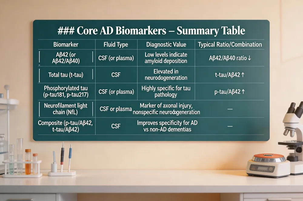### Core AD Biomarkers – Summary Table
| Biomarker | Fluid Type | Diagnostic Value | Typical Ratio/Combination |
|---|---|---|---|
| Aβ42 (or Aβ42/Aβ40) | CSF (or plasma) | Low levels indicate amyloid deposition | Aβ42/Aβ40 ratio ↓ |
| Total tau (t‑tau) | CSF | Elevated in neurodegeneration | t‑tau/Aβ42 ↑ |
| Phosphorylated tau (p‑tau181, p‑tau217) | CSF (or plasma) | Highly specific for tau pathology | p‑tau/Aβ42 ↑ |
| Neurofilament light chain (NfL) | CSF or plasma | Marker of axonal injury, nonspecific neurodegeneration | — |
| Composite (p‑tau/Aβ42, t‑tau/Aβ42) | CSF | Improves specificity for AD vs non‑AD dementias | — |
| --- 