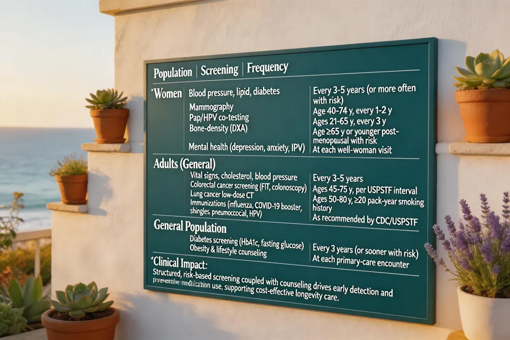 | Population | Screening | Frequency | |------------|-----------|-----------| | Women | Blood pressure, lipid, diabetes | Every 3‑5 years (or more often with risk) | | | Mammography | Age 40‑74 y, every 1‑2 y | | | Pap/HPV co‑testing | Ages 21‑65 y, every 3 y | | | Bone‑density (DXA) | Age ≥65 y or younger post‑menopausal with risk | | | Mental health (depression, anxiety, IPV) | At each well‑woman visit | | Adults (General) | Vital signs, cholesterol, blood pressure | Every 3‑5 years | | | Colorectal cancer screening (FIT, colonoscopy) | Ages 45‑75 y, per USPSTF interval | | | Lung cancer low‑dose CT | Ages 50‑80 y, ≥20 pack‑year smoking history | | | Immunizations (influenza, COVID‑19 booster, shingles, pneumococcal, HPV) | As recommended by CDC/USPSTF | | General Population | Diabetes screening (HbA1c, fasting glucose) | Every 3 years (or sooner with risk) | | | Obesity & lifestyle counseling | At each primary‑care encounter |
Clinical Impact: Structured, risk‑based screening coupled with counseling drives early detection and preventive medication use, supporting cost‑effective longevity care.