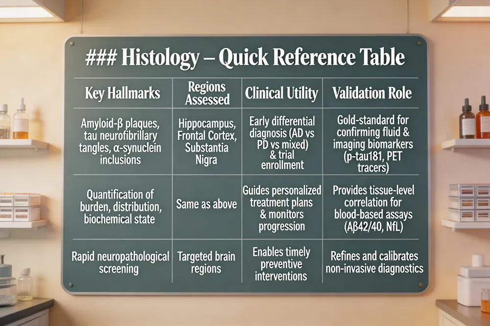 ### Histology – Quick Reference Table
| Key Hallmarks | Regions Assessed | Clinical Utility | Validation Role |
|---|---|---|---|
| Amyloid‑β plaques, tau neurofibrillary tangles, α‑synuclein inclusions | Hippocampus, Frontal Cortex, Substantia Nigra | Early differential diagnosis (AD vs PD vs mixed) & enrollment in disease‑modifying trials | Gold‑standard for confirming fluid & imaging biomarkers (e.g., p‑tau181, PET tracers) |
| Quantification of burden, distribution, biochemical state | Same as above | Guides personalized treatment plans & monitors progression | Provides tissue‑level correlation for blood‑based assays (Aβ42/40, NfL) |
| Rapid neuropathological screening | Targeted brain regions | Enables timely preventive interventions | Refines and calibrates non‑invasive diagnostics |
| 
