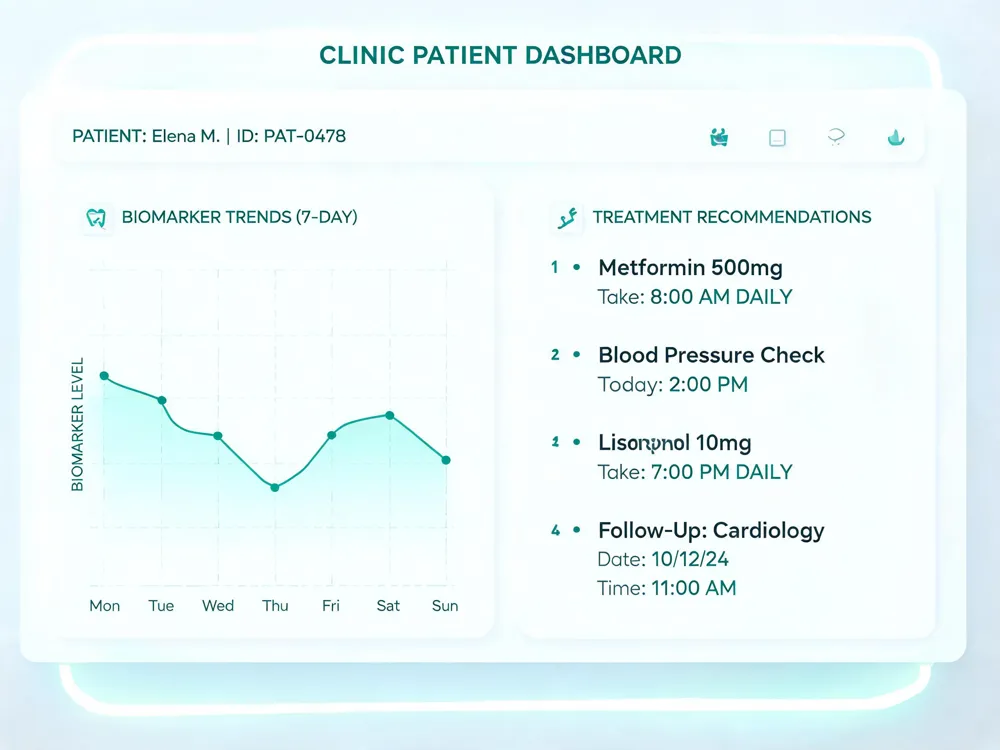 A snapshot of a clinician’s dashboard displaying personalized biomarker trends and treatment recommendations for a patient.