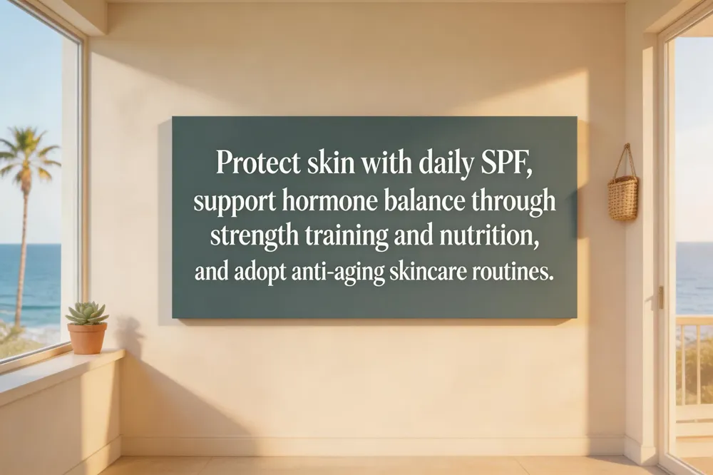 Protect skin with daily SPF, support hormone balance through strength training and nutrition, and adopt anti‑aging skincare routines.