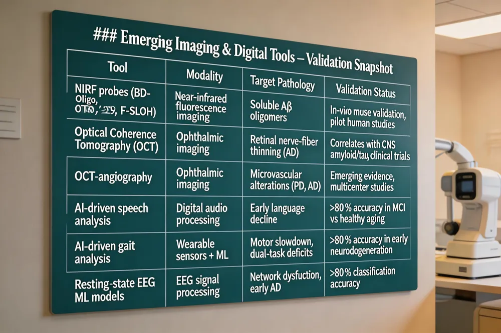 ### Emerging Imaging & Digital Tools – Validation Snapshot
| Tool | Modality | Target Pathology | Validation Status |
|---|---|---|---|
| NIRF probes (BD‑Oligo, PTO‑29, F‑SLOH) | Near‑infrared fluorescence imaging | Soluble Aβ oligomers | In‑vivo mouse validation; pilot human studies |
| Optical Coherence Tomography (OCT) | Ophthalmic imaging | Retinal nerve‑fiber thinning (AD) | Correlates with CNS amyloid/tau; clinical trials |
| OCT‑angiography | Ophthalmic imaging | Microvascular alterations (PD, AD) | Emerging evidence, multicenter studies |
| AI‑driven speech analysis | Digital audio processing | Early language decline | >80 % accuracy in MCI vs healthy aging |
| AI‑driven gait analysis | Wearable sensors + ML | Motor slowdown, dual‑task deficits | >80 % accuracy in early neurodegeneration |
| Resting‑state EEG ML models | EEG signal processing | Network dysfunction, early AD | >80 % classification accuracy |
| 