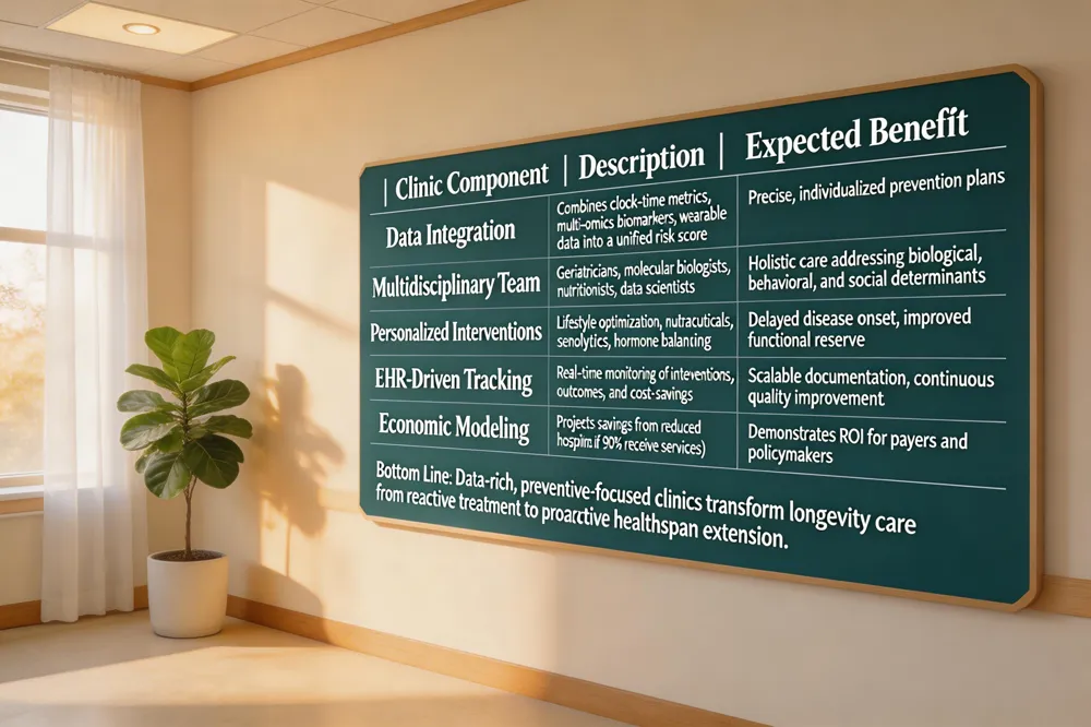 | Clinic Component | Description | Expected Benefit | |------------------|-------------|------------------| | Data Integration | Combines clock‑time metrics, multi‑omics biomarkers, wearable data into a unified risk score | Precise, individualized prevention plans | | Multidisciplinary Team | Geriatricians, molecular biologists, nutritionists, data scientists | Holistic care addressing biological, behavioral, and social determinants | | Personalized Interventions | Lifestyle optimization, nutraceuticals, senolytics, hormone balancing | Delayed disease onset, improved functional reserve | | EHR‑Driven Tracking | Real‑time monitoring of interventions, outcomes, and cost‑savings | Scalable documentation, continuous quality improvement | | Economic Modeling | Projects savings from reduced hospitalizations and chronic‑disease management (e.g., billions if 90 % receive services) | Demonstrates ROI for payers and policymakers |
Bottom Line: Data‑rich, preventive‑focused clinics transform longevity care from reactive treatment to proactive healthspan extension.