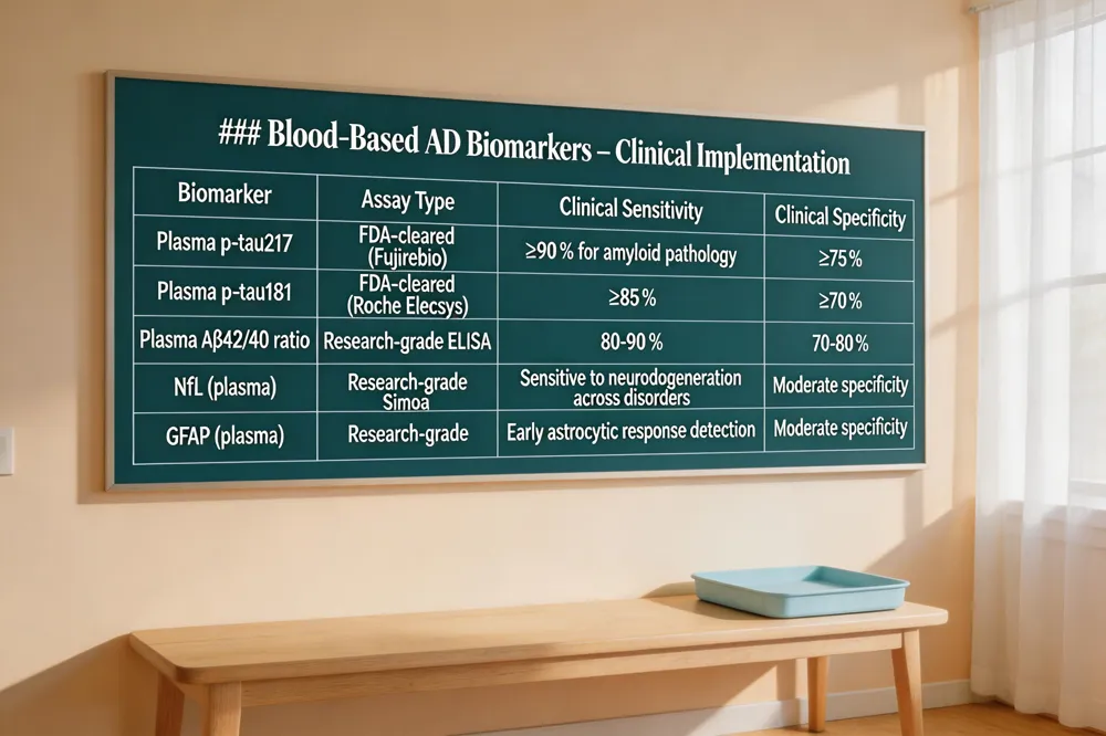 ### Blood‑Based AD Biomarkers – Clinical Implementation
| Biomarker | Assay Type | Clinical Sensitivity | Clinical Specificity |
|---|---|---|---|
| Plasma p‑tau217 | FDA‑cleared (Fujirebio) | ≥90 % for amyloid pathology | ≥75 % |
| Plasma p‑tau181 | FDA‑cleared (Roche Elecsys) | ≥85 % | ≥70 % |
| Plasma Aβ42/40 ratio | Research‑grade ELISA | 80‑90 % | 70‑80 % |
| NfL (plasma) | Research‑grade Simoa | Sensitive to neurodegeneration across disorders | Moderate specificity |
| GFAP (plasma) | Research‑grade | Early astrocytic response detection | Moderate specificity |
| 