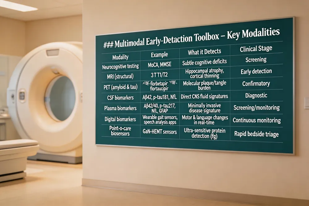 ### Multimodal Early‑Detection Toolbox – Key Modalities
| Modality | Example | What it Detects | Clinical Stage |
|---|---|---|---|
| Neurocognitive testing | MoCA, MMSE | Subtle cognitive deficits | Screening |
| MRI (structural) | 3 T T1/T2 | Hippocampal atrophy, cortical thinning | Early detection |
| PET (amyloid & tau) | ^18F‑florbetapir, ^18F‑flortaucipir | Molecular plaque/tangle burden | Confirmatory |
| CSF biomarkers | Aβ42, p‑tau181, NfL | Direct CNS fluid signatures | Diagnostic |
| Plasma biomarkers | Aβ42/40, p‑tau217, NfL, GFAP | Minimally invasive disease signature | Screening/monitoring |
| Digital biomarkers | Wearable gait sensors, speech analysis apps | Motor & language changes in real‑time | Continuous monitoring |
| Point‑of‑care biosensors | GaN‑HEMT sensors for S100B, UCH‑L1, GFAP, Aβ | Ultra‑sensitive protein detection (fg) | Rapid bedside triage |
| 