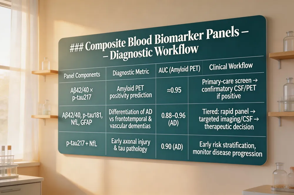 ### Composite Blood Biomarker Panels – Diagnostic Workflow
| Panel Components | Diagnostic Metric | AUC (Amyloid PET) | Clinical Workflow |
|---|---|---|---|
| Aβ42/40 × p‑tau217 | Amyloid PET positivity prediction | ≈0.95 | Primary‑care screen → confirmatory CSF/PET if positive |
| Aβ42/40, p‑tau181, NfL, GFAP | Differentiation of AD vs frontotemporal & vascular dementias | 0.88–0.96 (AD) | Tiered: rapid panel → targeted imaging/CSF → therapeutic decision |
| p‑tau217 + NfL | Early axonal injury & tau pathology | 0.90 (AD) | Early risk stratification, monitor disease progression |
| 