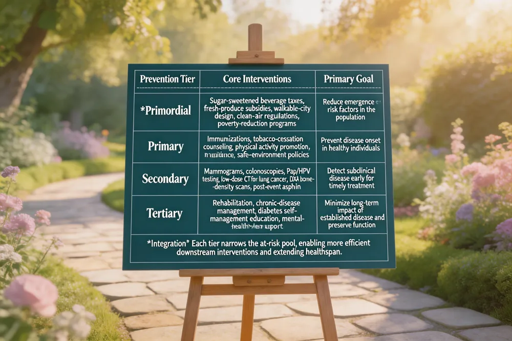 | Prevention Tier | Core Interventions | Primary Goal | |------------------|-------------------|--------------| | Primordial | Sugar‑sweetened beverage taxes, fresh‑produce subsidies, walkable‑city design, clean‑air regulations, poverty‑reduction programs | Reduce emergence of risk factors in the population | | Primary | Immunizations, tobacco‑cessation counseling, physical activity promotion, nutrition guidance, safe‑environment policies | Prevent disease onset in healthy individuals | | Secondary | Mammograms, colonoscopies, Pap/HPV testing, low‑dose CT for lung cancer, DXA bone‑density scans, post‑event aspirin | Detect subclinical disease early for timely treatment | | Tertiary | Rehabilitation, chronic‑disease management, diabetes self‑management education, mental‑health support | Minimize long‑term impact of established disease and preserve function |
Integration: Each tier narrows the at‑risk pool, enabling more efficient downstream interventions and extending healthspan.