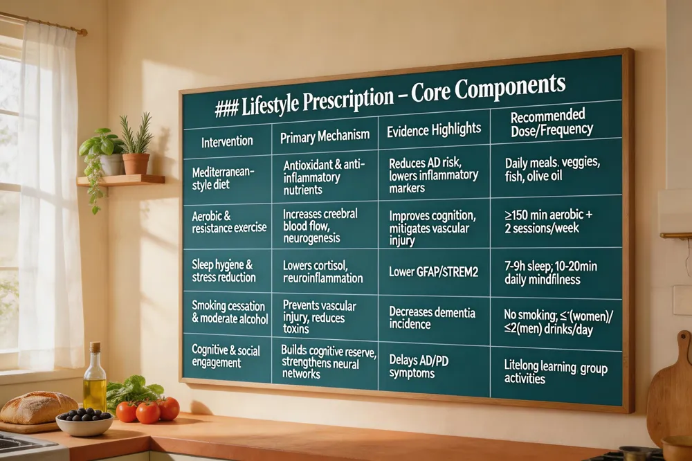 ### Lifestyle Prescription – Core Components
| Intervention | Primary Mechanism | Evidence Highlights | Recommended Dose/Frequency |
|---|---|---|---|
| Mediterranean‑style diet | Antioxidant & anti‑inflammatory nutrients (omega‑3, flavonoids) | Reduces AD risk, lowers inflammatory markers | Daily meals rich in vegetables, fish, olive oil |
| Aerobic & resistance exercise | Increases cerebral blood flow, neurogenesis, insulin sensitivity | Improves cognition, mitigates vascular injury | ≥150 min moderate‑intensity aerobic + 2 sessions resistance per week |
| Sleep hygiene & stress reduction (meditation, yoga) | Lowers cortisol, reduces chronic neuroinflammation | Correlates with lower GFAP/sTREM2 | 7‑9 h sleep/night; 10‑20 min daily mindfulness |
| Smoking cessation & moderate alcohol | Prevents vascular injury, toxic metabolite buildup | Decreases dementia incidence | No smoking; ≤1 drink/day for women, ≤2 for men |
| Cognitive & social engagement | Builds cognitive reserve, strengthens neural networks | Delays onset of AD & PD symptoms | Lifelong learning, group activities, volunteering |
| 