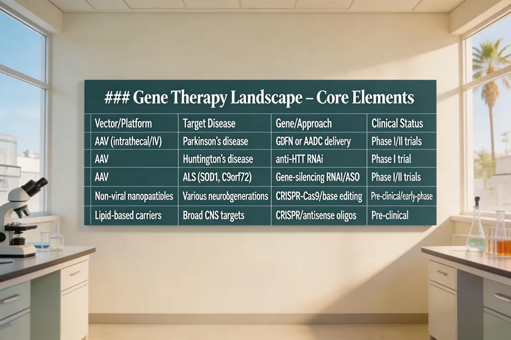 ### Gene Therapy Landscape – Core Elements
| Vector/Platform | Target Disease | Gene/Approach | Clinical Status |
|---|---|---|---|
| AAV (intrathecal/IV) | Parkinson’s disease | GDNF or aromatic L‑amino acid decarboxylase delivery | Phase I/II trials |
| AAV | Huntington’s disease | anti‑HTT RNAi | Phase I trial |
| AAV | ALS (SOD1, C9orf72) | Gene‑silencing via RNAi/ASO | Phase I/II trials |
| Non‑viral nanoparticles | Various neurodegenerations | CRISPR‑Cas9 or base editing for allele correction | Pre‑clinical/early‑phase |
| Lipid‑based carriers | Broad CNS targets | Delivery of CRISPR components or antisense oligos | Pre‑clinical |
| 
