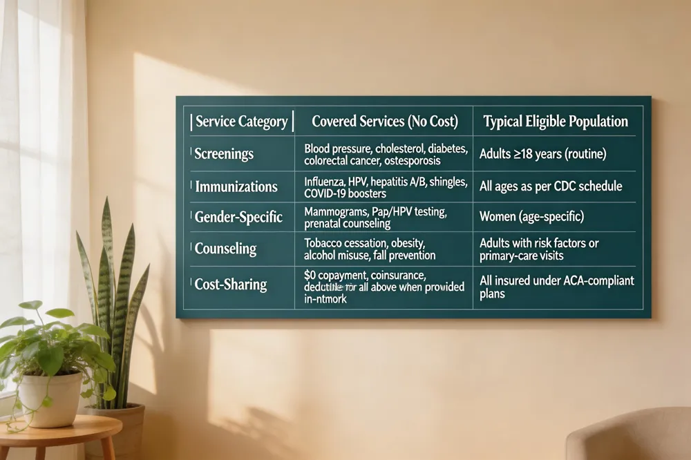 | Service Category | Covered Services (No Cost) | Typical Eligible Population | |------------------|----------------------------|------------------------------| | Screenings | Blood pressure, cholesterol, diabetes, colorectal cancer, osteoporosis | Adults ≥18 years (routine) | | Immunizations| Influenza, HPV, hepatitis A/B, shingles, COVID‑19 boosters | All ages as per CDC schedule | | Gender‑Specific| Mammograms, Pap/HPV testing, prenatal counseling | Women (age‑specific) | | Counseling | Tobacco cessation, obesity, alcohol misuse, fall prevention | Adults with risk factors or primary‑care visits | | Cost‑Sharing | $0 copayment, coinsurance, deductible for all above when provided in‑network | All insured under ACA‑compliant plans |
Key Economic Insight: Eliminating cost‑sharing drives utilization, especially among low‑income groups, and is linked to a 20 % lower risk of hospital admission (CDC).