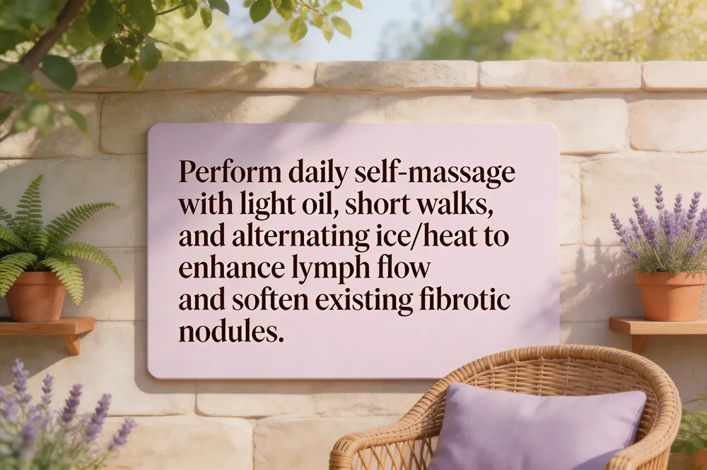 Perform daily self‑massage with light oil, short walks, and alternating ice/heat to enhance lymph flow and soften existing fibrotic nodules.