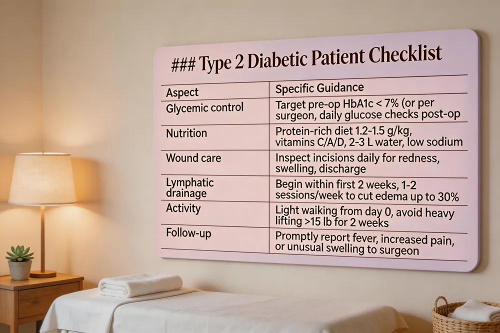### Type 2 Diabetic Patient Checklist
| Aspect | Specific Guidance |
|---|---|
| Glycemic control | Target pre‑op HbA1c < 7 % (or per surgeon), daily glucose checks post‑op |
| Nutrition | Protein‑rich diet 1.2‑1.5 g / kg, vitamins C/A/D, 2‑3 L water, low sodium |
| Wound care | Inspect incisions daily for redness, swelling, discharge |
| Lymphatic drainage | Begin within first 2 weeks, 1‑2 sessions/week to cut edema up to 30 % |
| Activity | Light walking from day 0, avoid heavy lifting > 15 lb for 2 weeks |
| Follow‑up | Promptly report fever, increased pain, or unusual swelling to surgeon |
