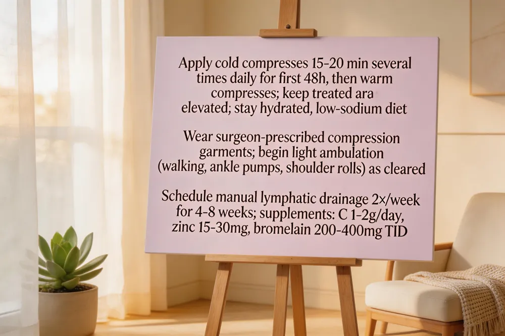 Apply cold compresses 15‑20 min several times daily for the first 48 h, then switch to warm compresses; keep the head or treated area elevated; maintain good hydration and a low‑sodium diet; wear surgeon‑prescribed compression garments; begin light ambulation (walking, ankle pumps, shoulder rolls) as cleared; schedule manual lymphatic drainage 2×/week for 4‑8 weeks; supplement with anti‑inflammatory vitamins (C 1‑2 g/day, zinc 15‑30 mg, bromelain 200‑400 mg TID).