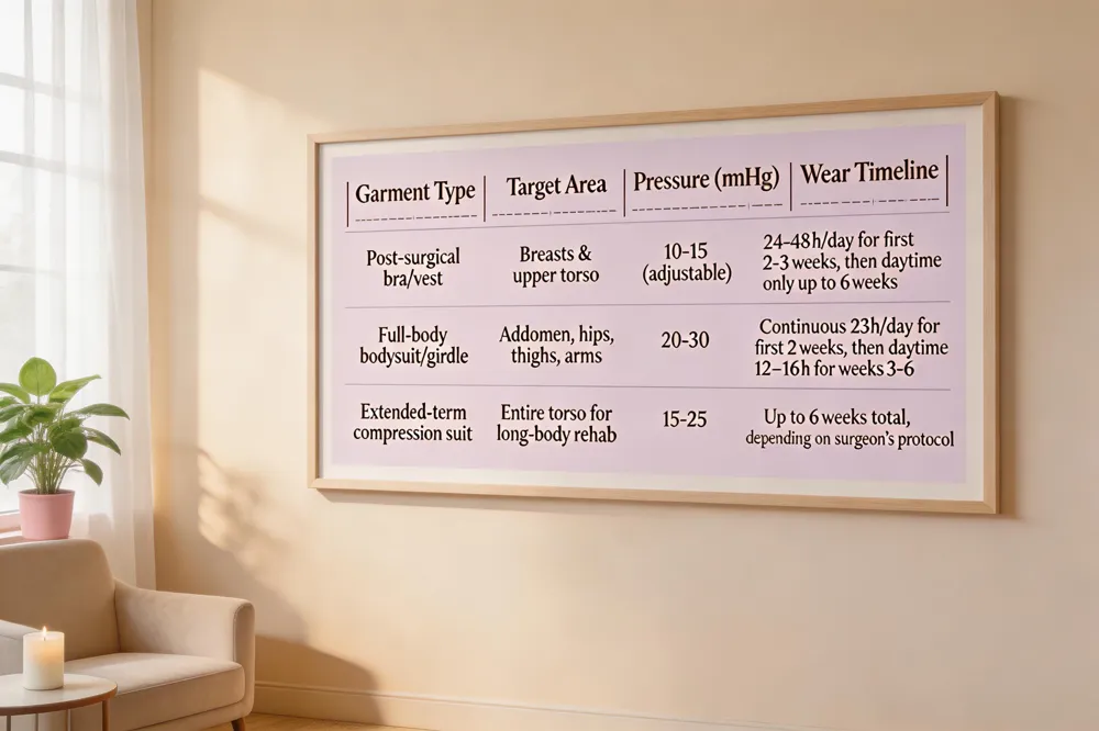 | Garment Type | Target Area | Pressure (mmHg) | Wear Timeline |
|---|---|---|---|
| Post‑surgical bra/vest | Breasts &amp; upper torso | 10‑15 (adjustable) | 24‑48 h/day for first 2‑3 weeks, then daytime only up to 6 weeks |
| Full‑body bodysuit/girdle | Abdomen, hips, thighs, arms | 20‑30 | Continuous 23 h/day for first 2 weeks, then daytime 12‑16 h for weeks 3‑6 |
| Extended‑term compression suit | Entire torso for long‑body rehab | 15‑25 | Up to 6 weeks total, depending on surgeon’s protocol