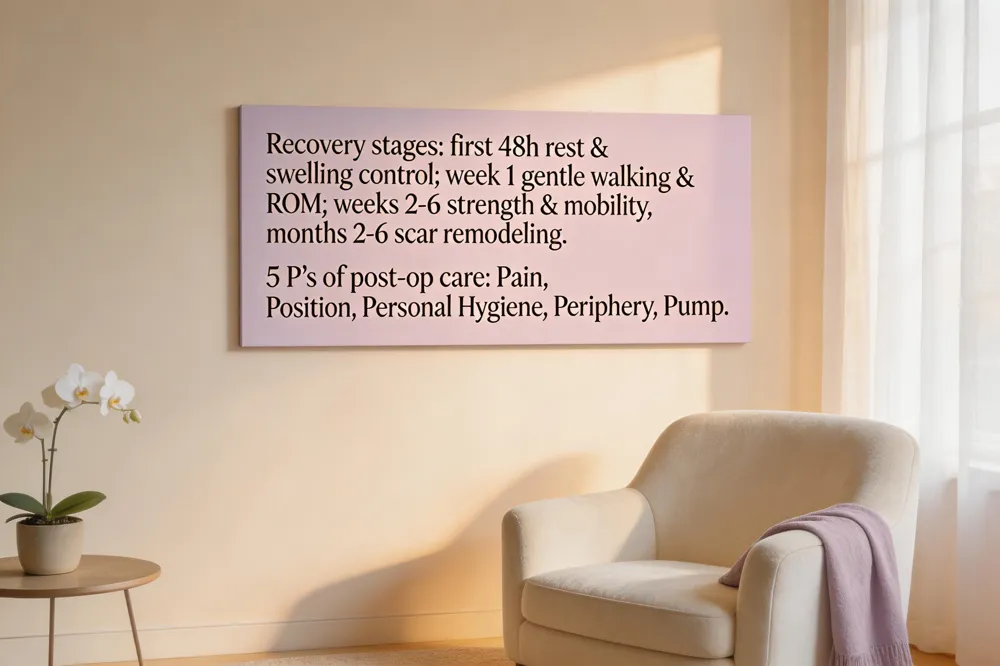 Recovery stages: first 48 h rest & swelling control; week 1 gentle walking & ROM; weeks 2‑6 strength & mobility; months 2‑6 scar remodeling. 5 P’s of post‑op care: Pain, Position, Personal Hygiene, Periphery, Pump.