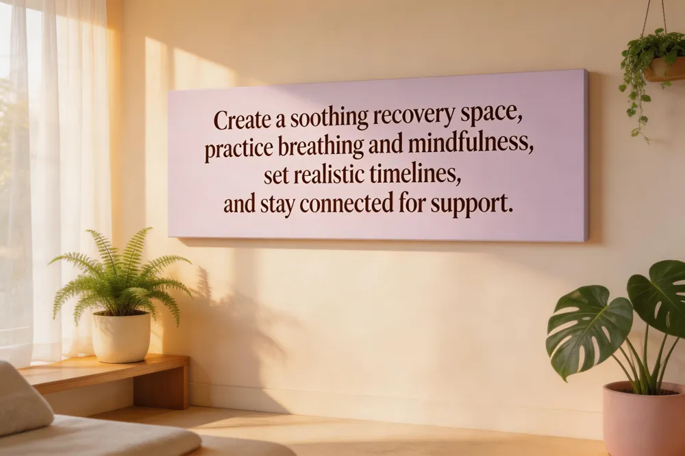 Create a soothing recovery space, practice breathing and mindfulness, set realistic timelines, and stay connected for support.