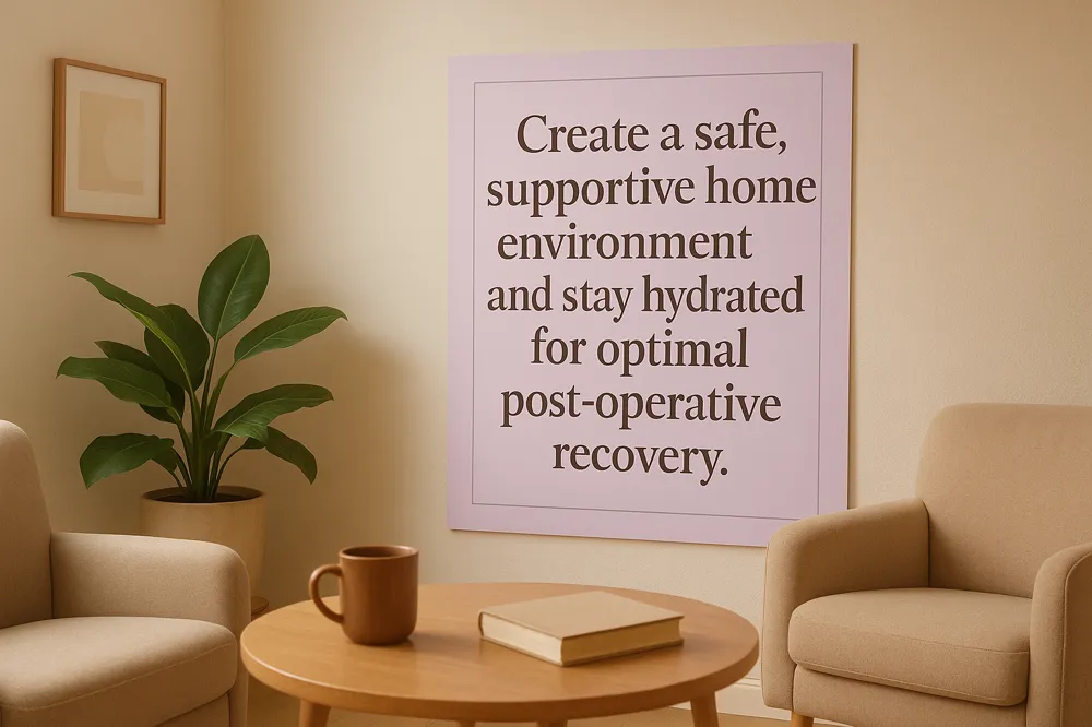 Create a safe, supportive home environment and stay hydrated for optimal post-operative recovery.