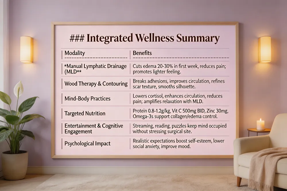 ### Integrated Wellness Summary
| Modality | Benefits |
|---|---|
| Manual Lymphatic Drainage (MLD) | Cuts edema 20‑30 % in first week; reduces pain; promotes lighter feeling. |
| Wood Therapy & Contouring | Breaks adhesions, improves circulation, refines scar texture, smooths silhouette. |
| Mind‑Body Practices | Lowers cortisol, enhances circulation, reduces pain; amplifies relaxation when paired with MLD. |
| Targeted Nutrition | Protein 0.8‑1.2 g/kg, vitamin C 500 mg BID, zinc 30 mg, omega‑3s support collagen synthesis and edema control. |
| Entertainment & Cognitive Engagement | Streaming, reading, puzzles keep mind occupied without stressing surgical site. |
| Psychological Impact | Realistic expectations boost self‑esteem, lower social anxiety, improve mood. |