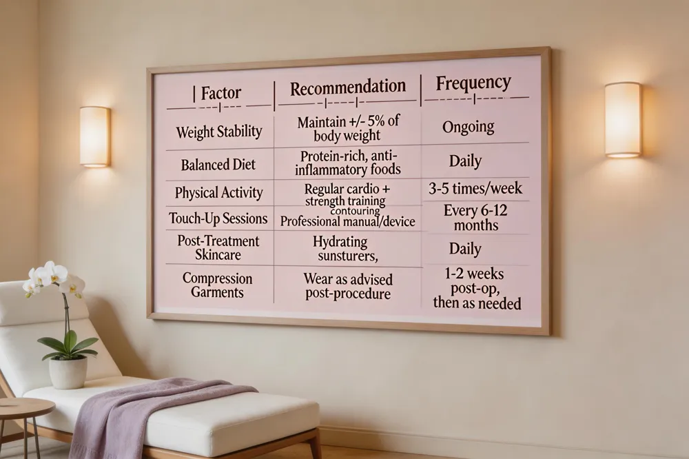 | Factor | Recommendation | Frequency |
|---|---|---|
| Weight Stability | Maintain +/- 5 % of body weight | Ongoing |
| Balanced Diet | Protein‑rich, anti‑inflammatory foods | Daily |
| Physical Activity | Regular cardio + strength training | 3‑5 times/week |
| Touch‑Up Sessions | Professional manual or device‑based contouring | Every 6‑12 months |
| Post‑Treatment Skincare | Hydrating moisturizers, sunscreen | Daily |
| Compression Garments | Wear as advised post‑procedure | 1‑2 weeks post‑op, then as needed |
