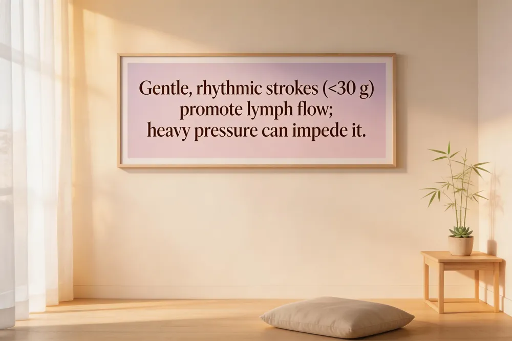 Gentle, rhythmic strokes (<30 g) promote lymph flow; heavy pressure can impede it.