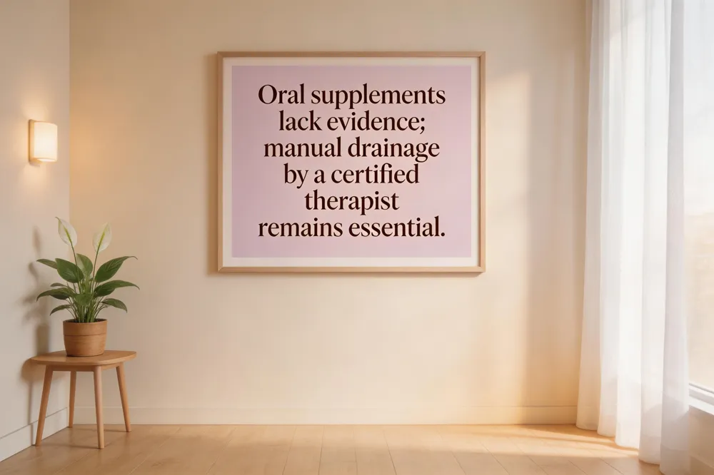 Oral supplements lack evidence; manual drainage by a certified therapist remains essential.