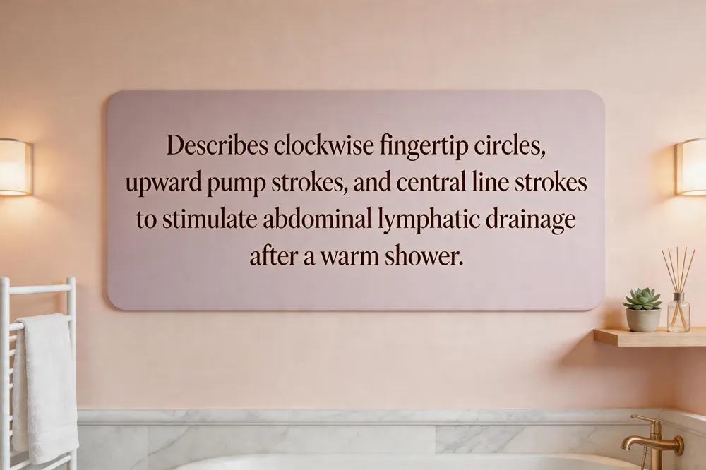 Describes clockwise fingertip circles, upward pump strokes, and central line strokes to stimulate abdominal lymphatic drainage after a warm shower.