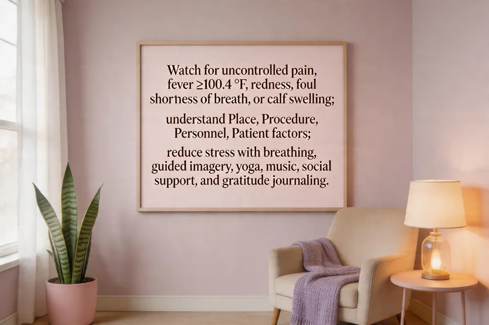 Watch for uncontrolled pain, fever ≥100.4 °F, redness, foul drainage, shortness of breath, or calf swelling; understand Place, Procedure, Personnel, Patient factors; reduce stress with breathing, guided imagery, yoga, music, social support, and gratitude journaling.