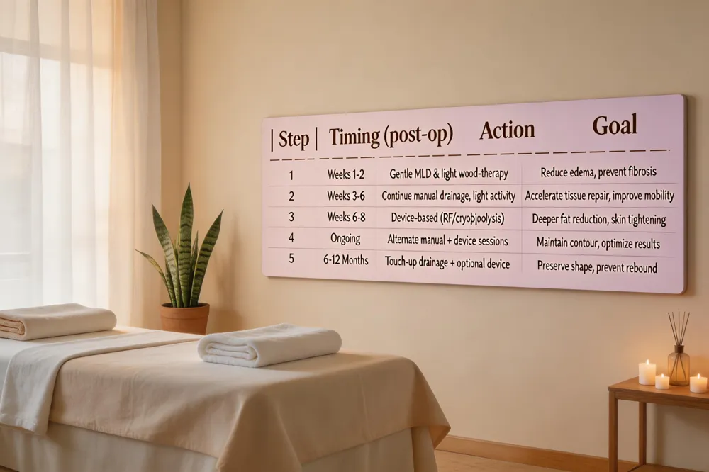 | Step | Timing (post‑op) | Action | Goal |
|---|---|---|---|
| 1 | Weeks 1‑2 (once cleared) | Gentle MLD &amp; light wood‑therapy | Reduce edema, prevent fibrosis |
| 2 | Weeks 3‑6 | Continue manual drainage, introduce light activity | Accelerate tissue repair, improve mobility |
| 3 | Weeks 6‑8 (incisions healed) | Begin device‑based treatment (RF/cryolipolysis) | Deeper fat reduction, skin tightening |
| 4 | Ongoing | Alternate manual sessions with periodic device sessions | Maintain contour, optimize results |
| 5 | Maintenance (6‑12 months) | Touch‑up manual drainage + optional device boost | Preserve shape, prevent rebound |
