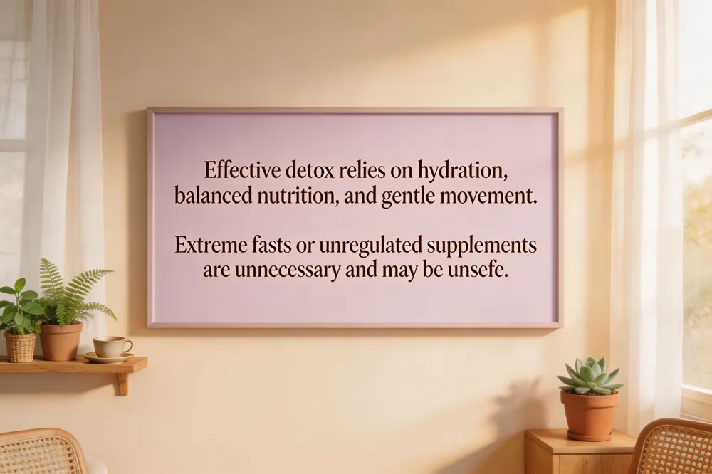 Effective detox relies on hydration, balanced nutrition, and gentle movement. Extreme fasts or unregulated supplements are unnecessary and may be unsafe.