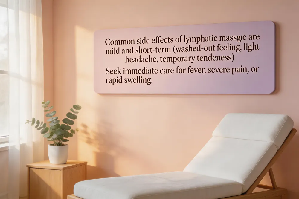 Common side effects of lymphatic massage are mild and short‑term (washed‑out feeling, light headache, temporary tenderness). Seek immediate care for fever, severe pain, or rapid swelling.