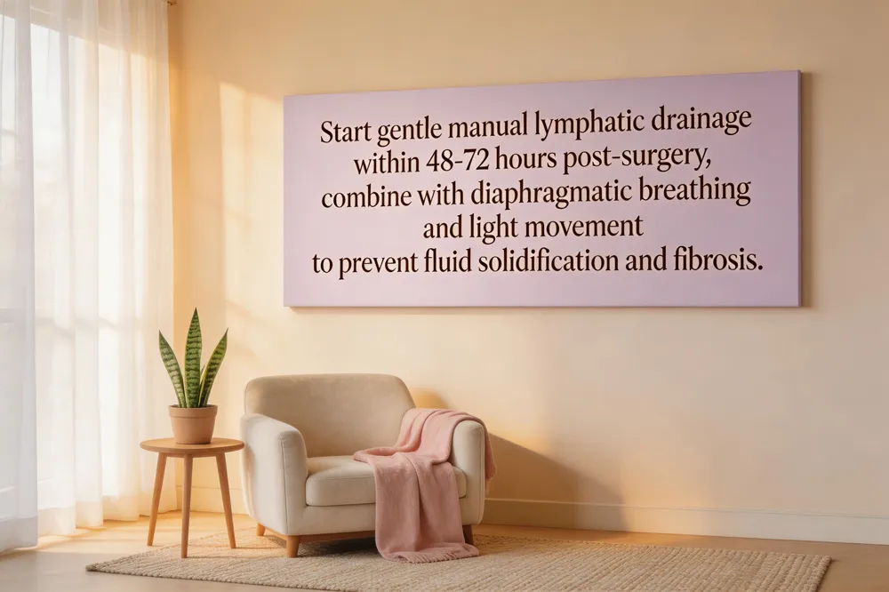 Start gentle manual lymphatic drainage within 48‑72 hours post‑surgery, combine with diaphragmatic breathing and light movement to prevent fluid solidification and fibrosis.