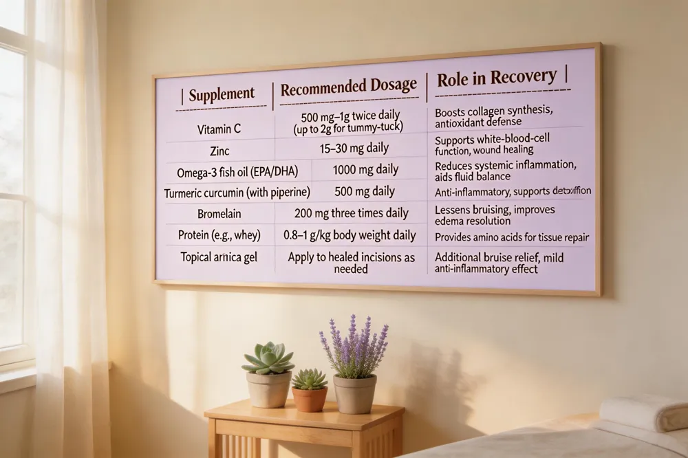 | Supplement | Recommended Dosage | Role in Recovery |
|------------|-------------------|-------------------|
| Vitamin C | 500 mg–1 g twice daily (up to 2 g for tummy‑tuck) | Boosts collagen synthesis, antioxidant defense |
| Zinc | 15–30 mg daily | Supports white‑blood‑cell function, wound healing |
| Omega‑3 fish oil (EPA/DHA) | 1 000 mg daily | Reduces systemic inflammation, aids fluid balance |
| Turmeric curcumin (with piperine) | 500 mg daily | Anti‑inflammatory, supports detoxification |
| Bromelain | 200 mg three times daily | Lessens bruising, improves edema resolution |
| Protein (e.g., whey) | 0.8–1 g/kg body weight daily | Provides amino acids for tissue repair |
| Topical arnica gel | Apply to healed incisions as needed | Additional bruise relief, mild anti‑inflammatory effect |