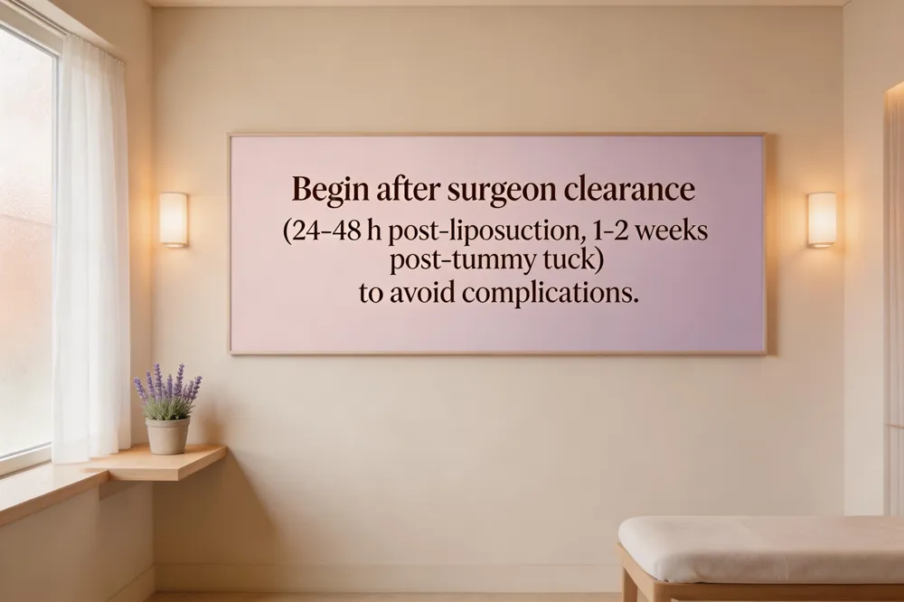 Begin after surgeon clearance (24‑48 h post‑liposuction, 1‑2 weeks post‑tummy tuck) to avoid complications.