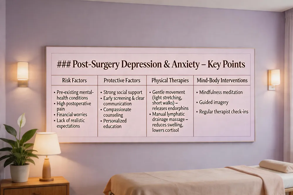 ### Post‑Surgery Depression & Anxiety – Key Points
| Risk Factors | Protective Factors | Physical Therapies | Mind‑Body Interventions |
|---|---|---|---|
| • Pre‑existing mental‑health conditions<br>• High postoperative pain<br>• Financial worries<br>• Lack of realistic expectations | • Strong social support<br>• Early screening & clear communication<br>• Compassionate counseling<br>• Personalized education | • Gentle movement (light stretching, short walks) – releases endorphins<br>• Manual lymphatic drainage massage – reduces swelling, lowers cortisol | • Mindfulness meditation<br>• Guided imagery<br>• Regular therapist check‑ins |
