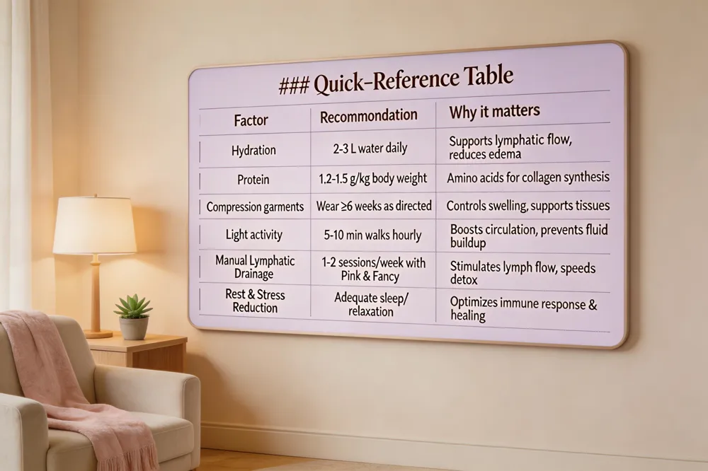### Quick‑Reference Table
| Factor | Recommendation | Why it matters |
|---|---|---|
| Hydration | 2‑3 L water daily | Supports lymphatic flow, reduces edema |
| Protein | 1.2‑1.5 g / kg body weight per day | Provides amino acids for collagen synthesis |
| Compression garments | Wear as directed ≥ 6 weeks | Controls swelling, supports tissues, eases discomfort |
| Light activity | Short walks every hour (5‑10 min) | Boosts circulation, prevents fluid buildup while protecting incisions |
| Manual lymphatic drainage (MLD) | Start a few days post‑op, 1‑2 sessions/week with Pink & Fancy | Gentle rhythmic strokes stimulate lymph flow, decrease edema, speed detoxification |
| Rest & stress reduction | Adequate sleep, relaxation techniques | Optimizes immune response and overall healing |
